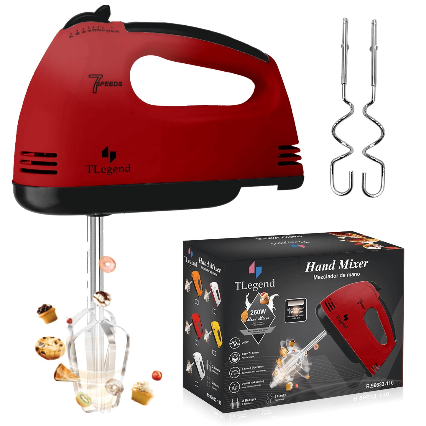 TechnoLegend Hand Mixer Electric Handheld – 7 Speed Ultra Power Electric Mixer Handheld (Red)