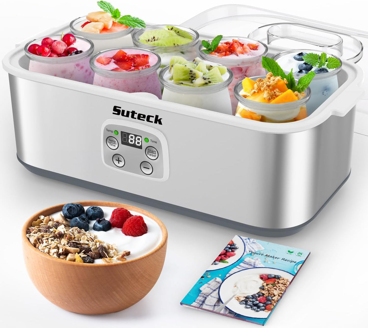 8 48 oz Suteck Yogurt Maker with Glass Jars, Time & Temp Adjustable Control Yogurt Machine, Homemade Greek & Probiotic