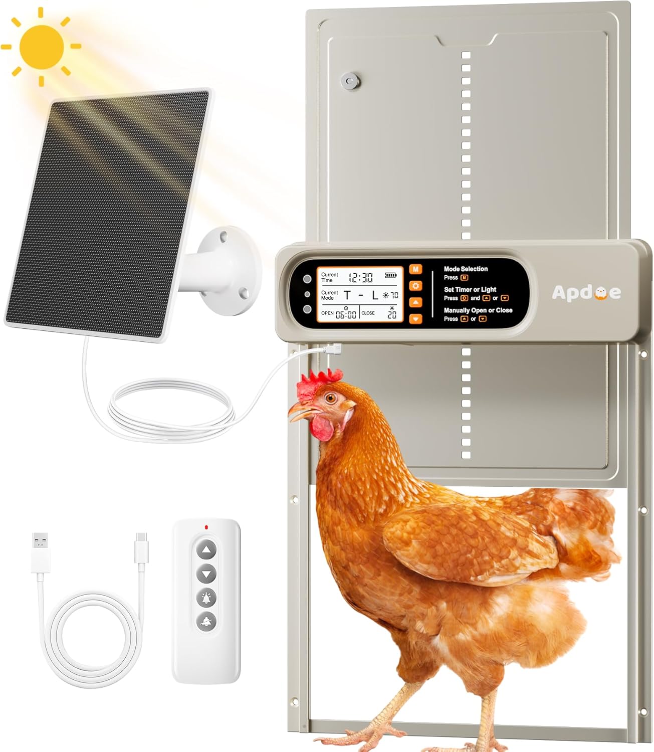 Anti-Pinch, 4 Automatic Chicken Coop Door Solar Powered with Timer, Light Sensor, Remote Control, Waterproof, Aluminum