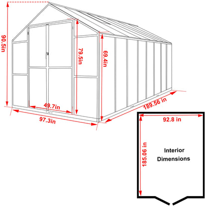 VEIKOU 8' x 16' Polycarbonate Greenhouse for Outdoors, Walk-in Green House with 2 Vents, Aluminum Frame, Riveted Structure, Greenhouse Kit for Outdoor Backyard, Garden, Gray
