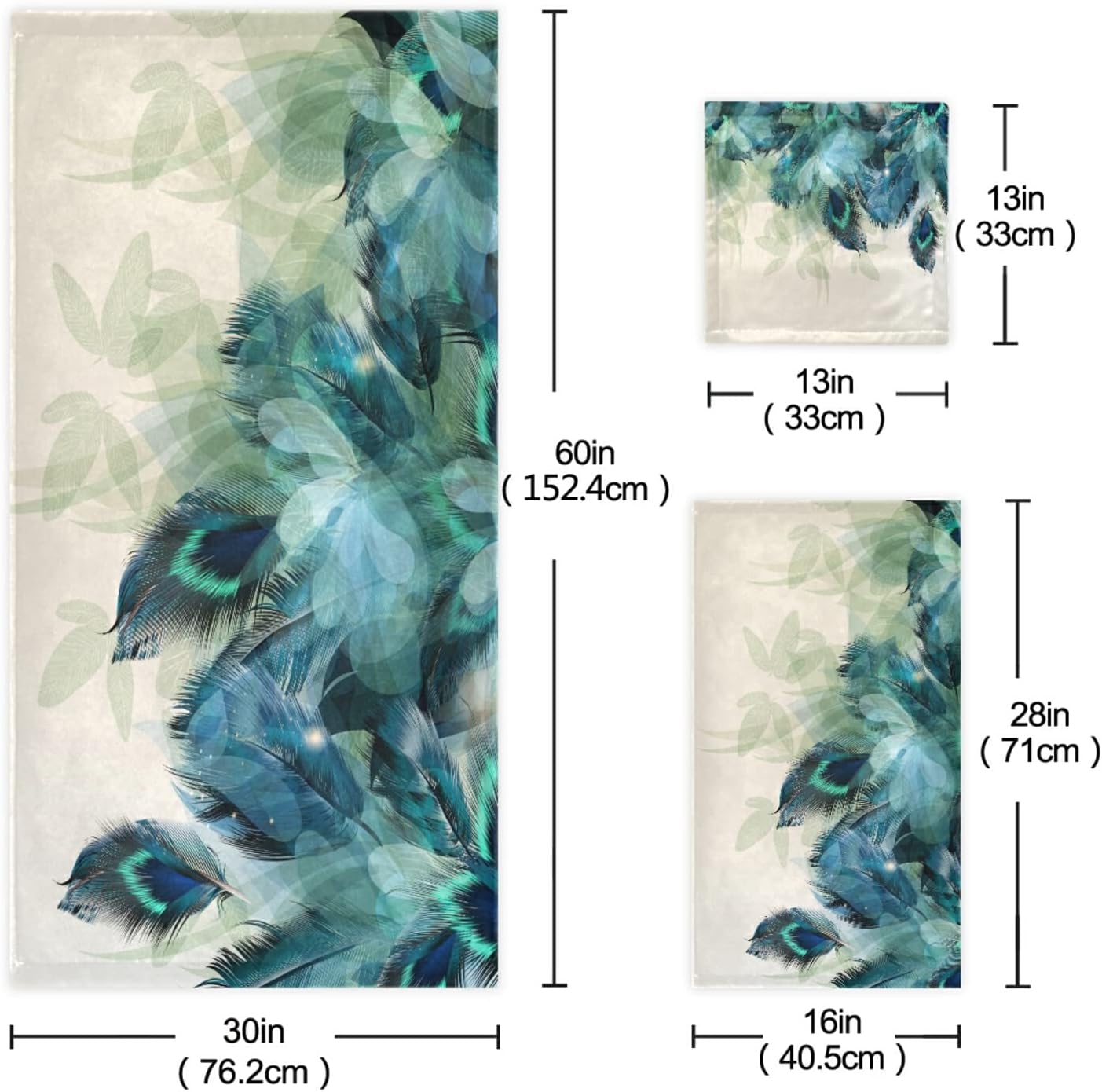 HATESAH Set,Soft 3 Towels,1 Towel,1 Towel,1 Bath Towels Absorbent Watercolor Peacock Feather Teal Turquoise Floral