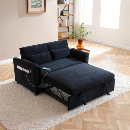 55" Convertible Futon Sofa Bed, Velvet 3 in 1 Sleeper Sofa, Pull Out Couch with USB Ports & 2 Waist Pillows, Adjustable Backrest Loveseat Sofa, Couches for Living Room, Apartment, Bedroom, Black
