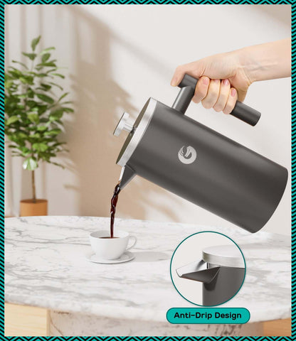 Coffee Gator 304 Grade Stainless Steel French Press Coffee Maker 34 oz, Double Wall Insulated Hot Cold Brew Teapot with 4-Level Filtration System, Include Travel Jar Canister, Kitchen, Gray