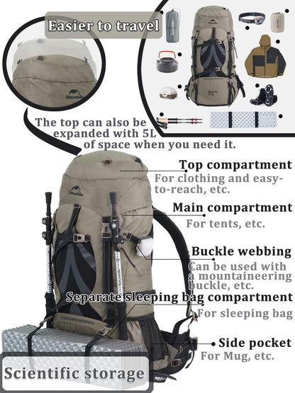 Naturehike 70+5L Hiking Backpack with Rain cover, Waterproof Lightweight Camping Backpack for Men & Women, Travel(Brown)