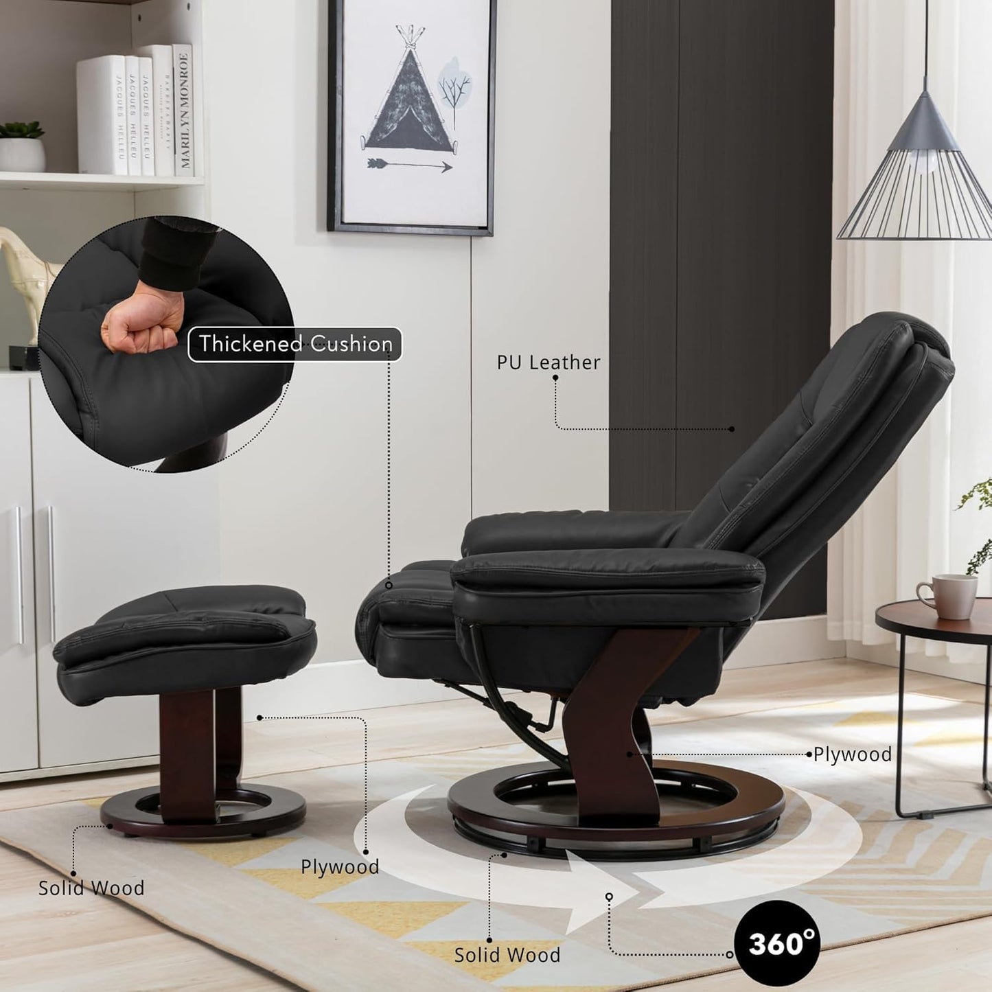 Argus Swivel Recliner with Ottoman, PU Leather & Wood Base Reclining Chair with Footrest, Ultra-Plush Double Foam for Living Room, Bedroom and Office, Set of 2