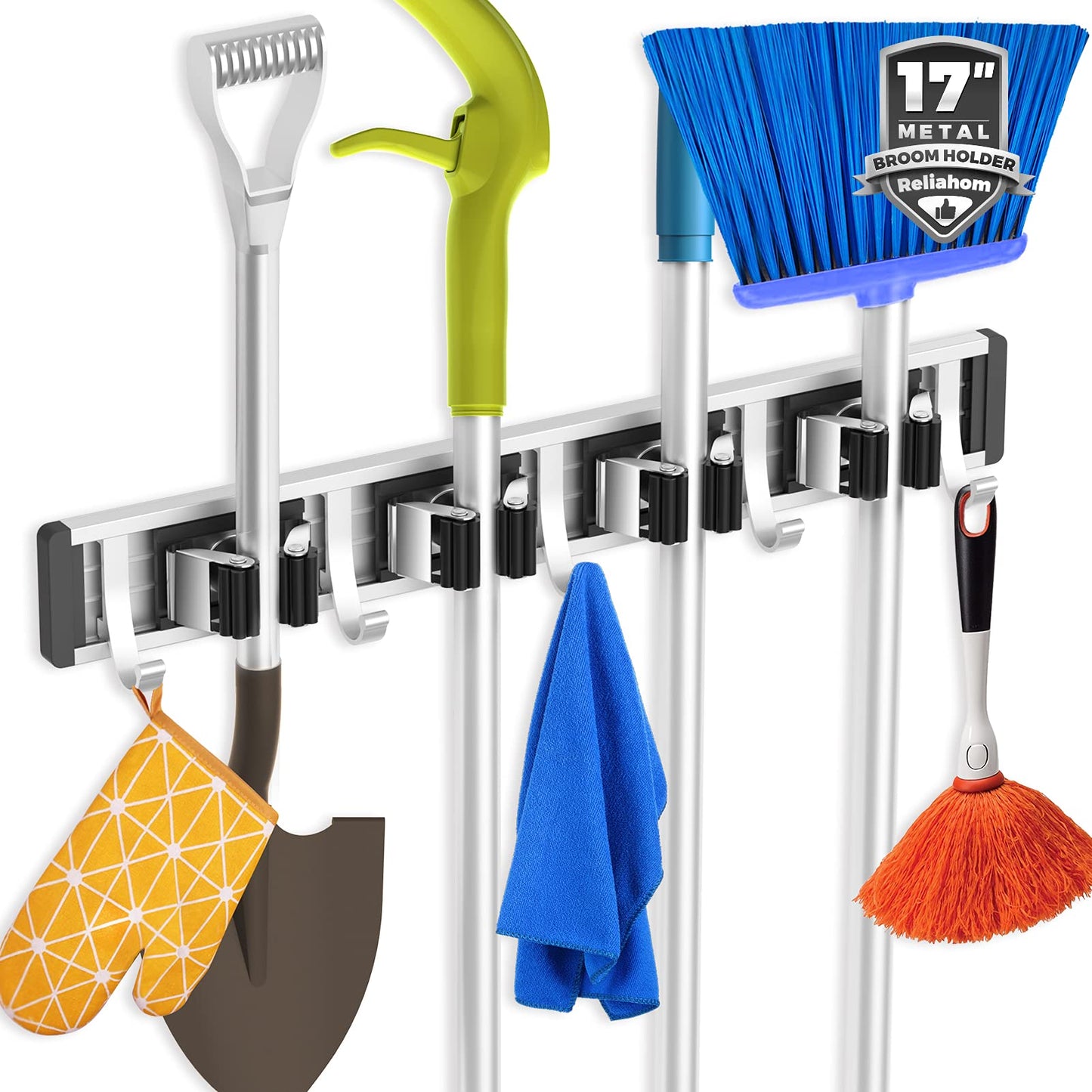 reliahom Broom Holder Wall Mount Mop and Broom Hanger Wall Mounted Garage Storage Rack Kitchen Garden Tool Organizer (4 Racks with 5 Hooks, Silver)