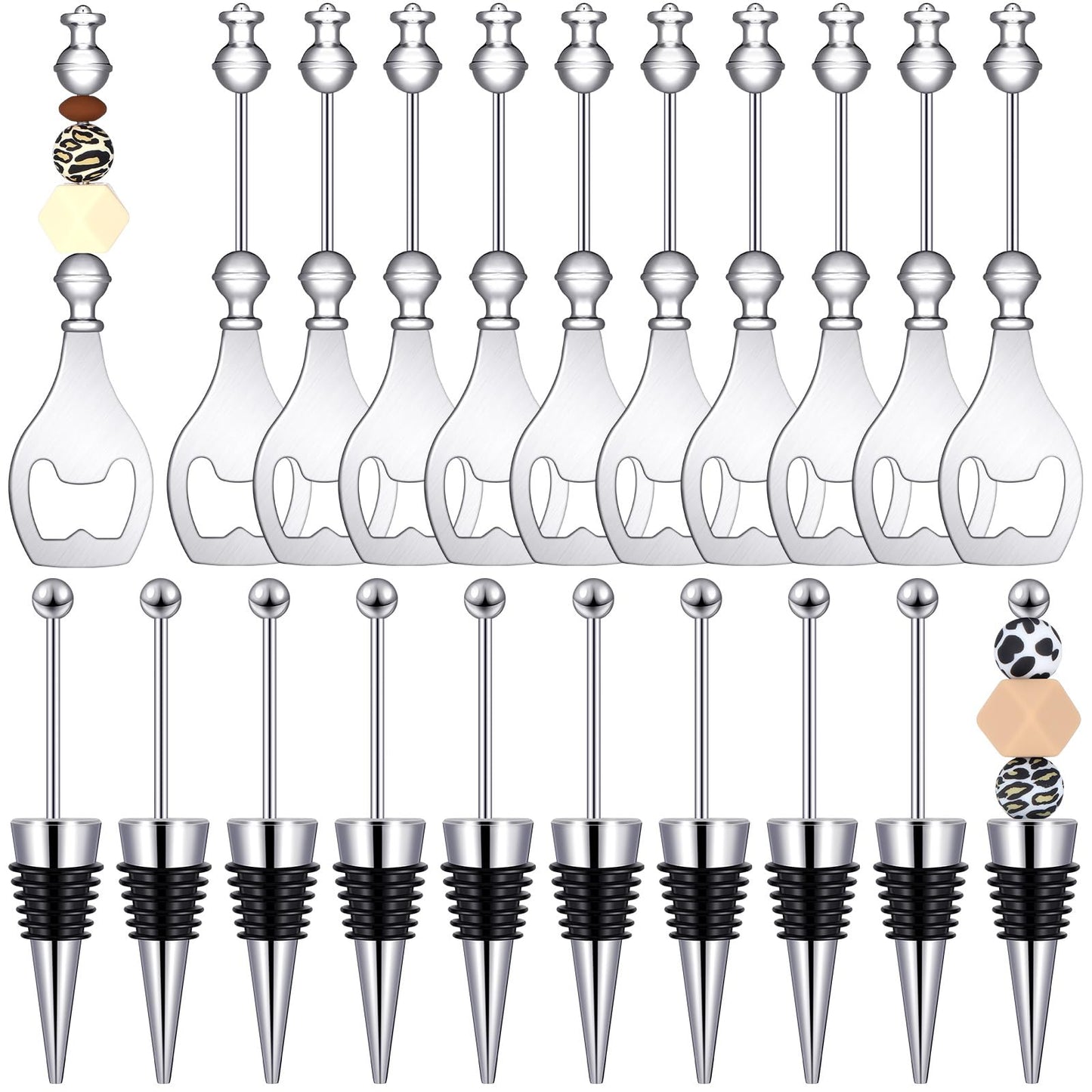 Sunnychicc 20 Pcs Beadable Wine Stoppers Bulk Beadable Beer Opener Set 10 Decorative Beaded Wine Bottle Stopper 10 Alloy Bottle Opener for DIY Crafts Spring Easter Summer Bar Wedding Party Favor Gifts