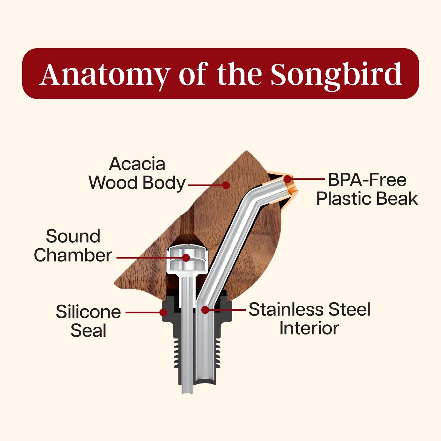 Songbird Specialties Wine Bottle Pourer, Fun Wine Pourer Spout Sings While It Pours, Airtight Wine Bottle Sealer, Acacia Wood with Red Wings