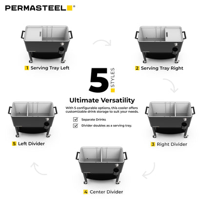 Permasteel Party Cooler with Divider, Spacious 80-Qt Capacity, Chills 36hrs, Serving Tray, Rolling Ice Chest for Indoor and Outdoor Entertainment, Black