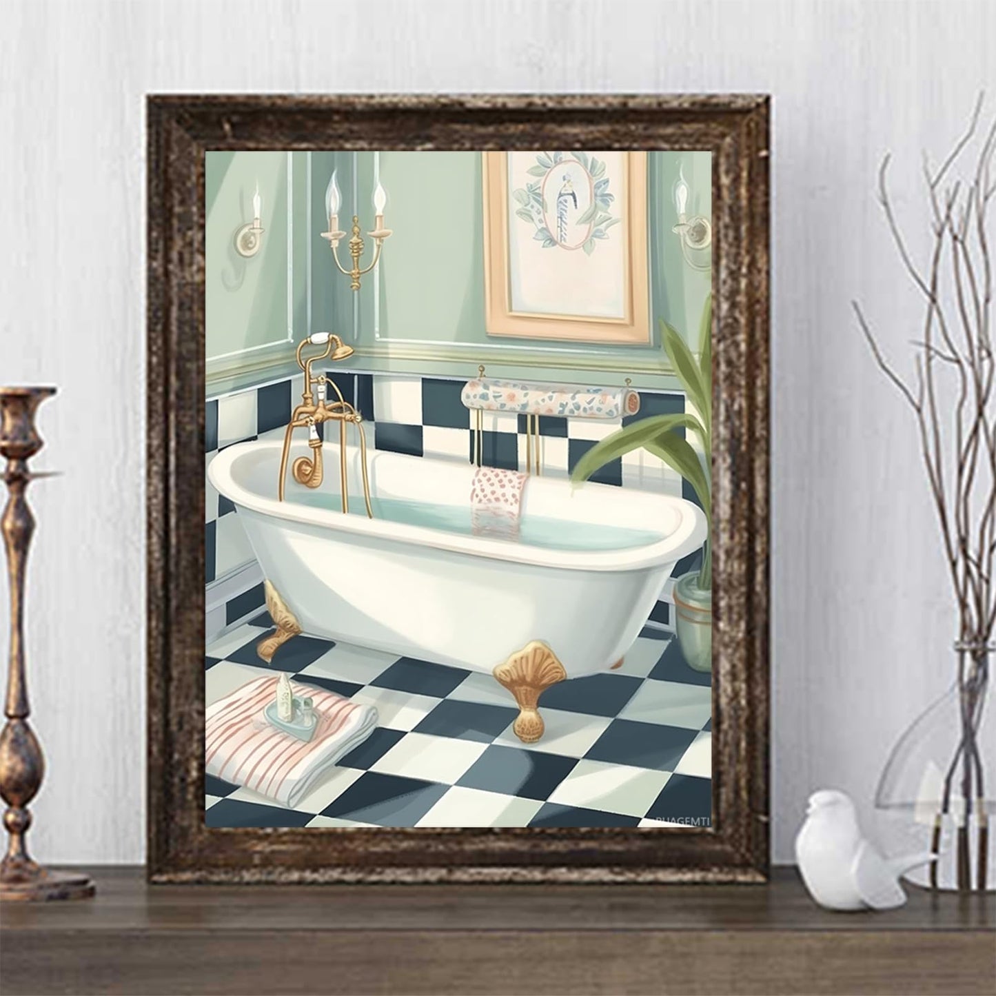 PUAGEMTI Diamond Art for Adults Bathroom Full Drill Diamond Art Kits Checkered Floor Bathroom DIY 5D Diamond Dots Painting Diamond Art Kits for Art Wall Decor 12x16 inch