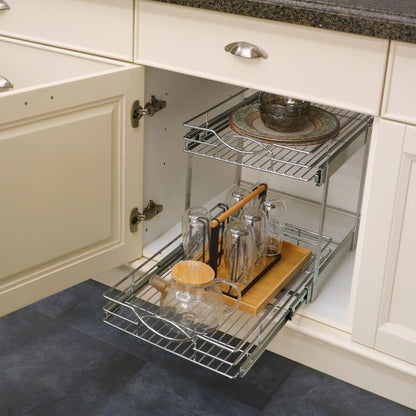 Sikarou Pull Out Cabinet Organizer 14" W x 21" D 2-Tier Individual Slide Out Drawer Pantry Shelf Storage for Kitchen Base Cabinet Organization for Kitchen, Bathroom, Pantry, Chrome
