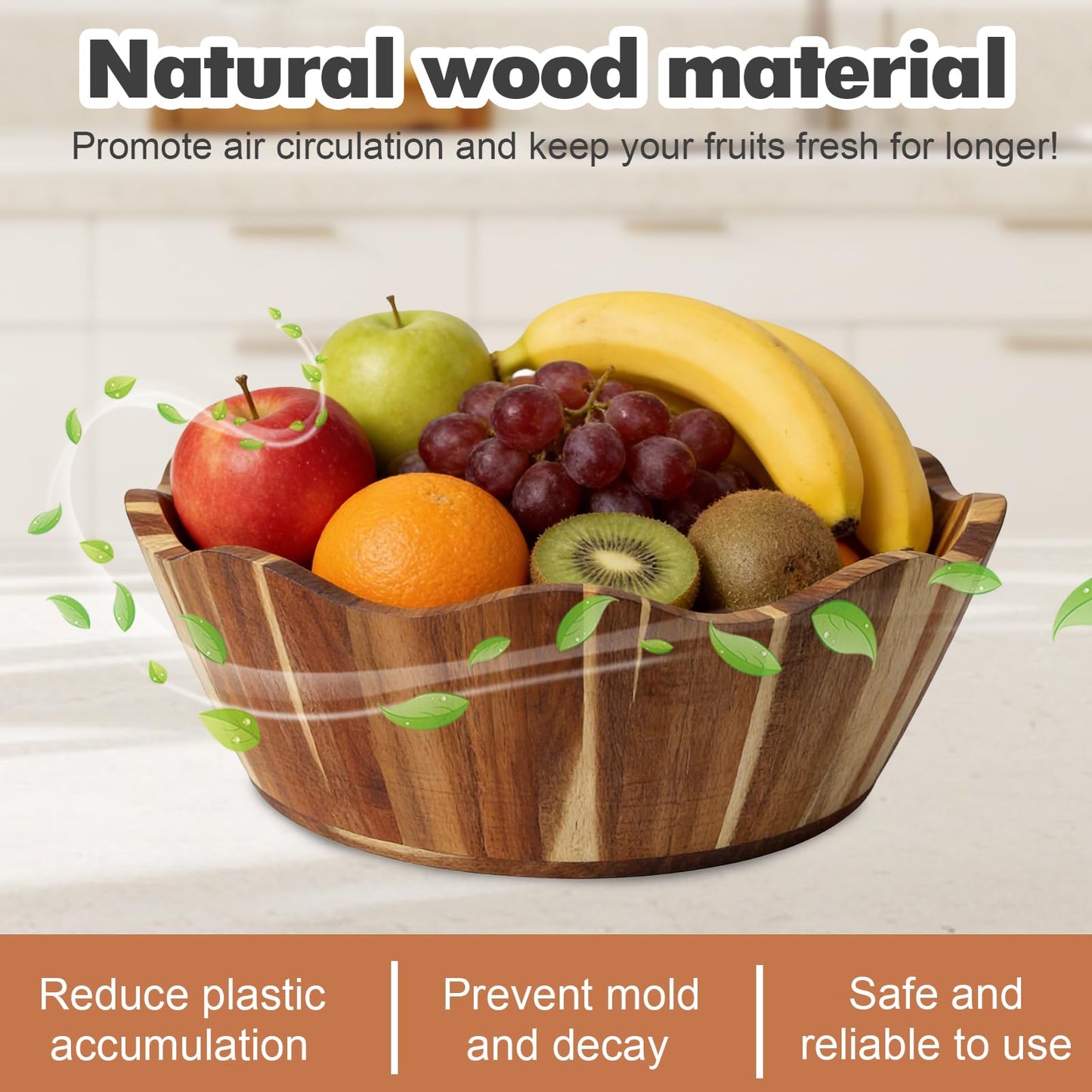 JIANXINGHOOM Wooden Fruit Bowl Large Serving Bowl for Kitchen Counter Ideal for Fruit Salad Mixing Snacks Desserts and Bread