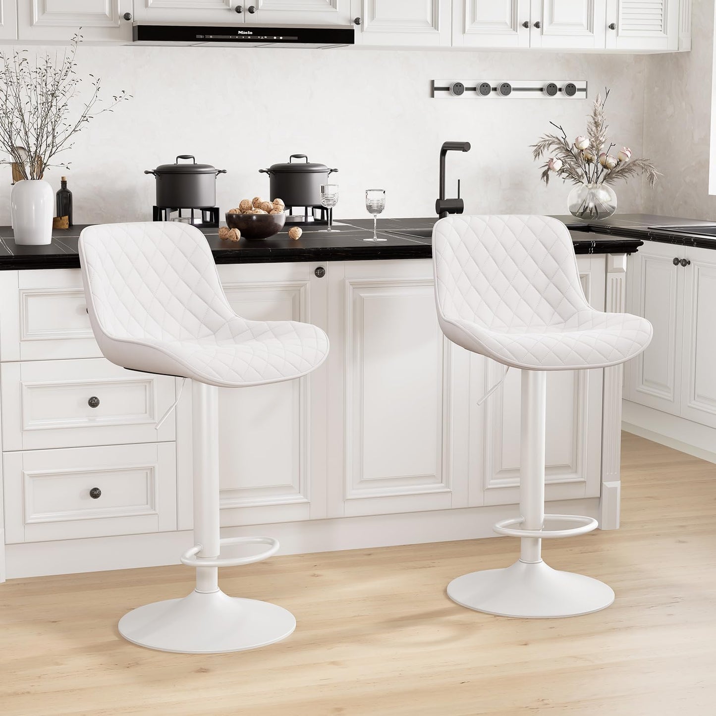 YOUTASTE All White Bar Stools Set of 2, Upholstered Counter Height Bar Stool, Adjustable Swivel Faux Leather Barstools, with Padded Back, Metal Base, Kitchen Chairs for Home Island