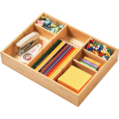 Umilife Bamboo Desk Drawer Organizer, Wood Junk Organizer Tray with Adjustable Dividers, Anti-Skip Storage Organization in Office Bathroom Drawer for Vanity, Makeup, 12" x 9"