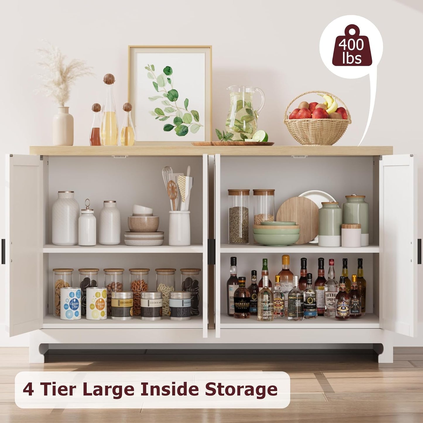 GarveeHome 60 in Farmhouse Rattan Buffet Cabinet - 4-Door Woven Storage Sideboard with Adjustable Shelves, Kitchen Console Table for Dining Room & Living Room Entryway (White & Brown)