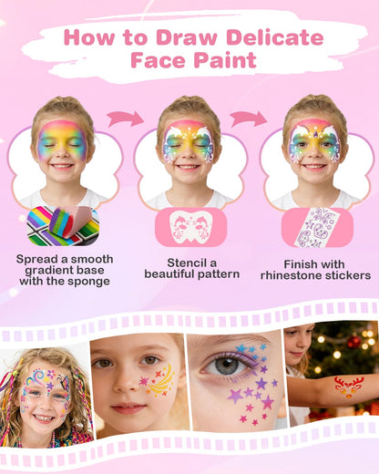 Lictin Face Painting Kit for Kids & Adults - 12x10g Split Face Paint Water Activated Water Based, Professional Body Paint Kit with Facepaint Stencils, Ideal for Party Cosplay Holiday Makeup