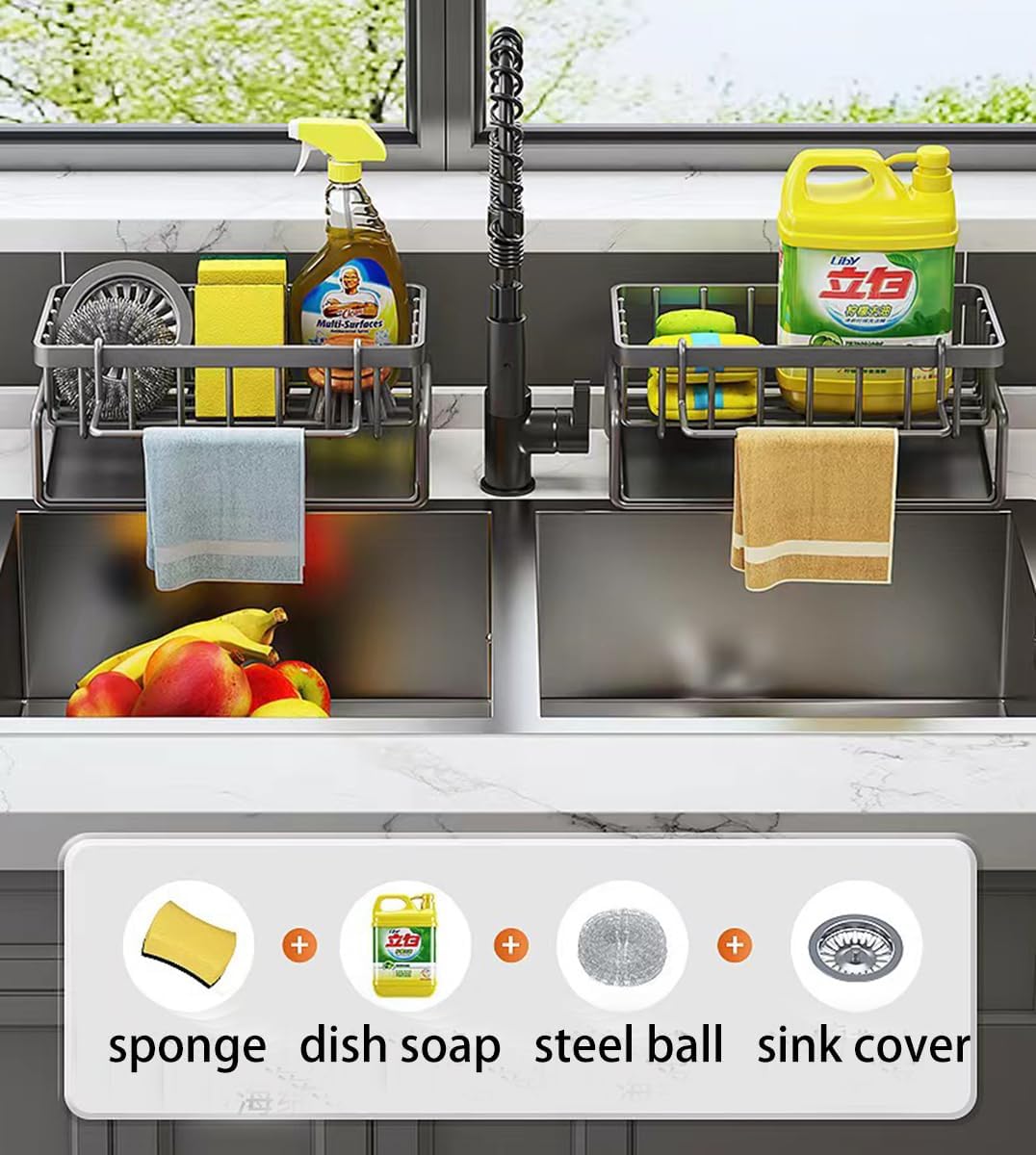Stainless Steel Sponge Holder for Kitchen Sink, Anti-rust Caddy with Drain Tray, Sponge Rack Holder (Silver)