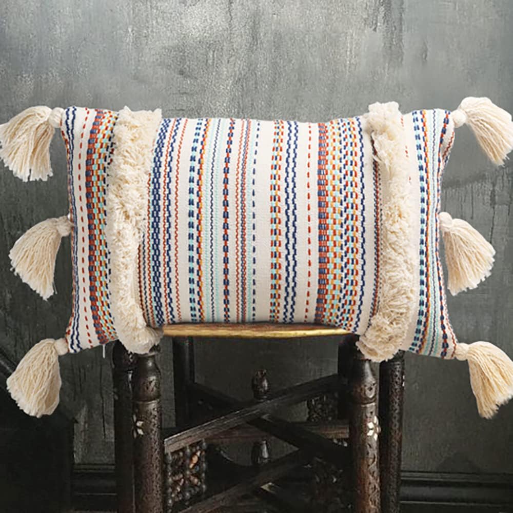 Boho Pillow Covers, Decorative Throw Pillow Tassel Sham Cushion Covers, 12"X20" (Multi)