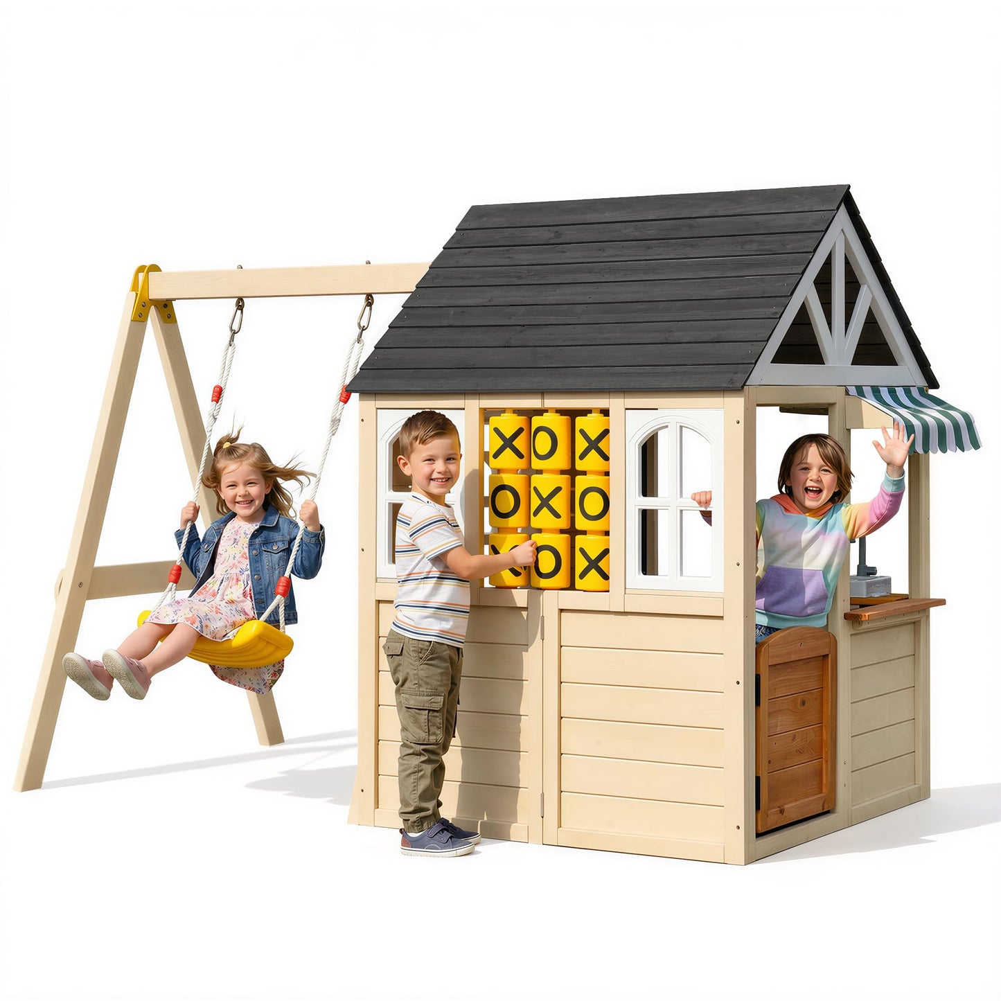 Aivello Cedar Wooden Playhouse with Swing Set for Kids, 2-in-1 Outdoor Backyard Playset with Tic-Tac-Toe Game, Play Kitchen, Pet Door & Doorbell, Space-Saving Kids Playhouse for Ages 3-8