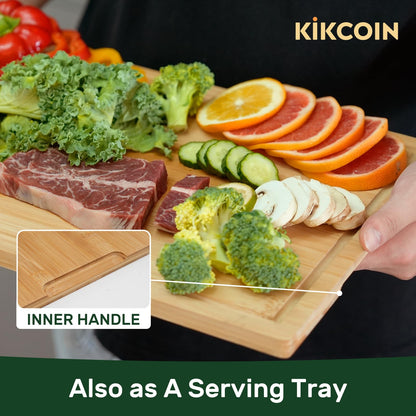 Kikcoin 17”×11” Bamboo Cutting Boards for Kitchen, Healthy Wooden Cutting Boards for Kitchen, Charcuterie, Vegetables, Cheese, Extra Large Chopping Boards with Deep Juice Groove and Handle, Natural