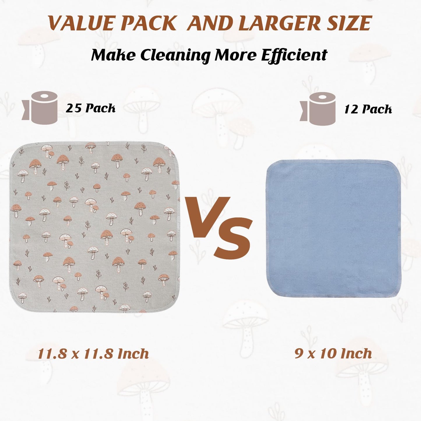 Paper Towels Washable Roll: 25Pack Cotton Cloth Paper Towels 11.8x11.8In Absorbent Soft Flannel Paperless Towels (Mushroom)