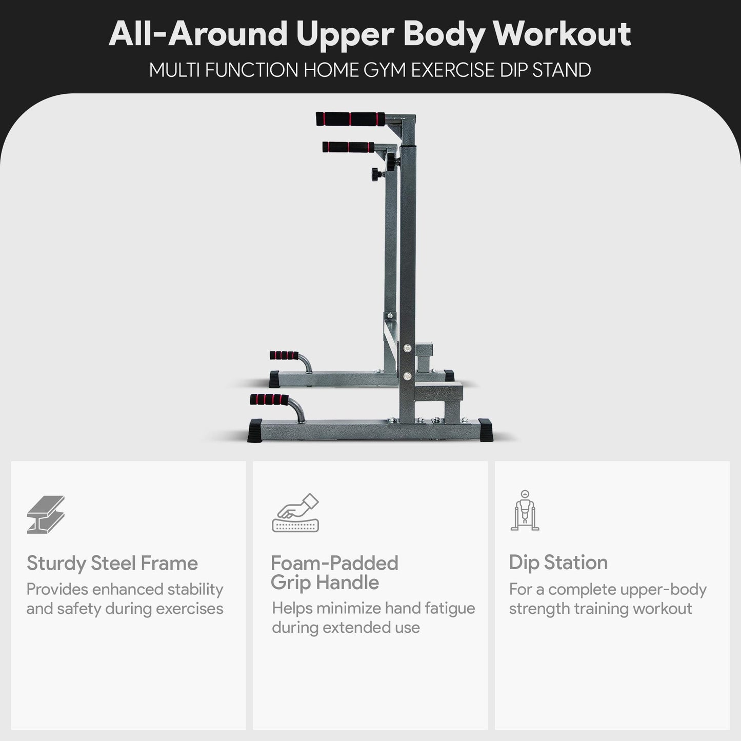 BalanceFrom Steel Frame Dip Station with Adjustable Height, 500 Pound Weight Capacity – Upper Body Workout Home Gym Equipment for Triceps, Push & Pull Ups, Leg Raises, and Bench Press