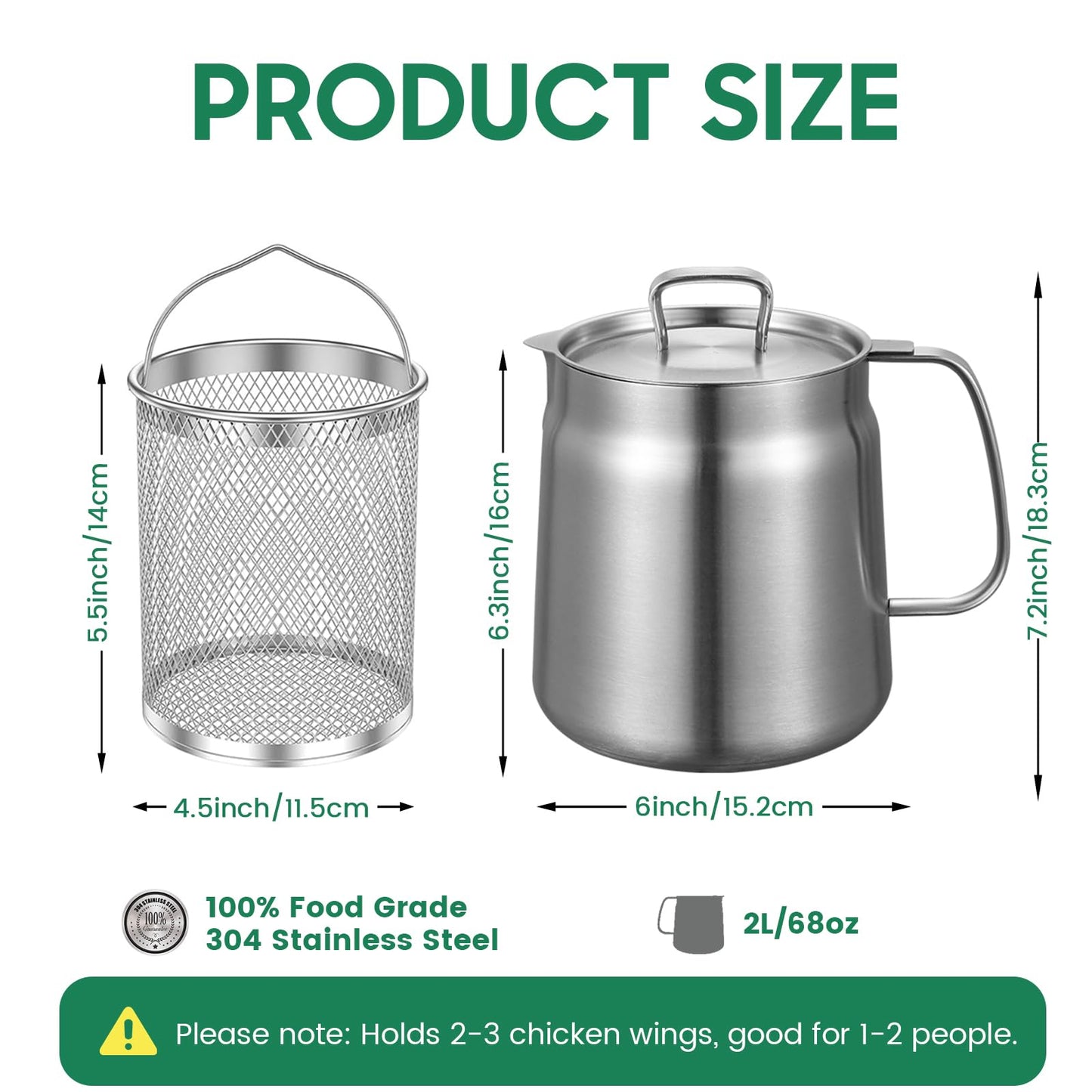 HOMKULA 2-in-1 304 Stainless Steel Multifunctional Deep Fryer Pot with Basket & Strainer, Large Capacity Oil Filter Pot, Bacon Grease Container with Steel Pour for Kitchen, Camping, Cooking (68oz/2L)