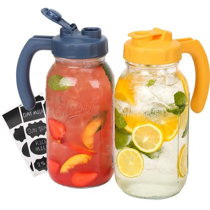 Soligt Glass Mason Jar Pitcher with Lid, Wide Mouth Flip Cap Pour Spout Leak-proof Lid with Handle, 64 oz (2 Quart / 1.9 Liter), Navy and Yellow, 2 Pack