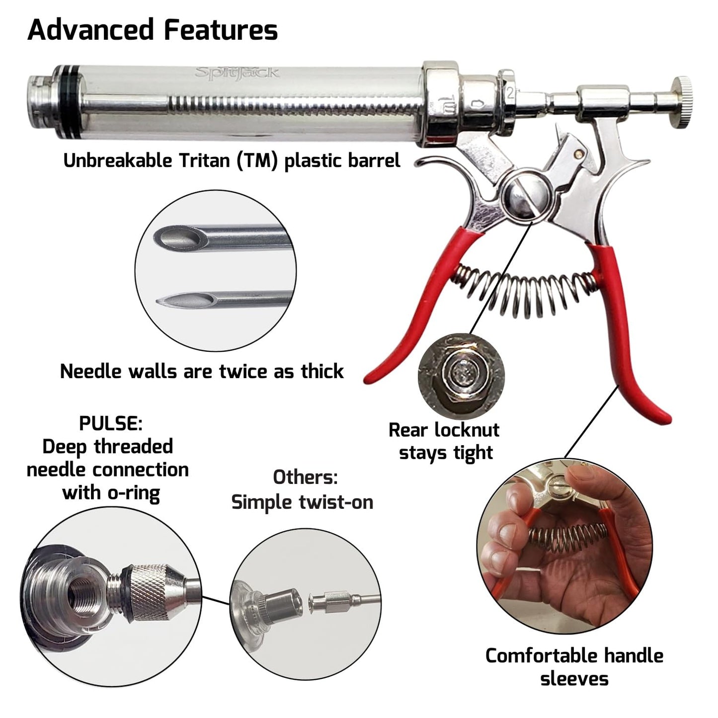 SpitJack PULSE Meat Injector Gun, BBQ Meat Marinade Injector Kit for Brisket, Pork Shoulder, Turkey and Chicken, 50ml with 4 Stainless Steel Needles, Case and Guide