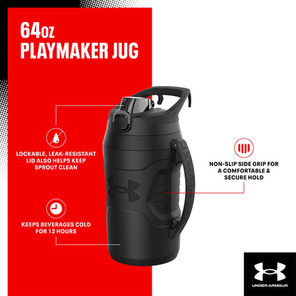 Under Armour Half Gallon Water Bottle Insulated, 64oz Insulated Water Bottle with Handle, Fence Hook, Leak Resistant, for Baseball, Football & More - Black/Black