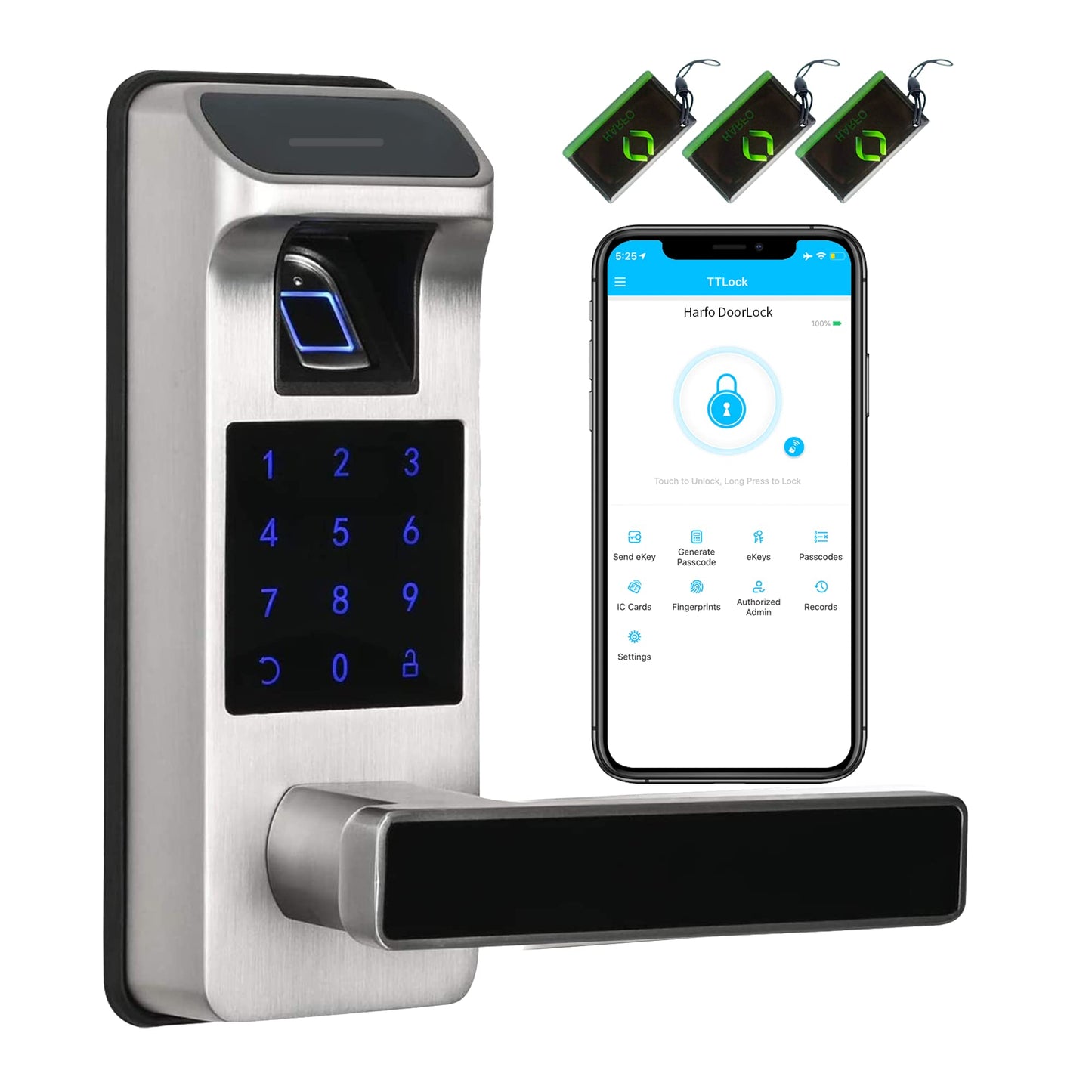 Harfo Smart Door Lock, Heavy Duty 5 in 1 Keyless Entry Door Lock, Full App Control Digital Keypad Lock, Reversible Handle with Fingerprints and Passcodes for Family/Office/Apartment (Gold)