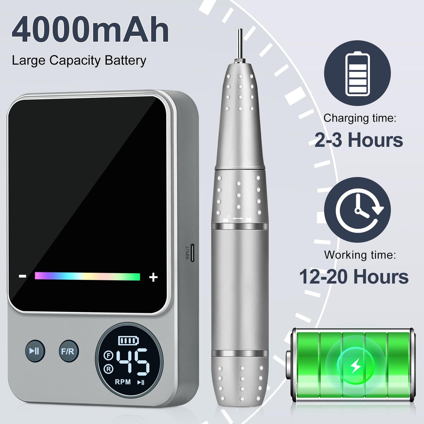 Electric Nail Drill Professional 45000RPM, Portable Smart Touch Display Electric Nail File, 4000mAh Rechargeable Nail Drill Kit for Remover Acrylic & Gel Nails Manicure for Salon Home