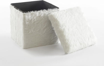 15 Inch Urban Lifestyle Mongolian Fur Collapsible Storage Ottoman Square Soft White Modern Multipurpose Footrest Bench