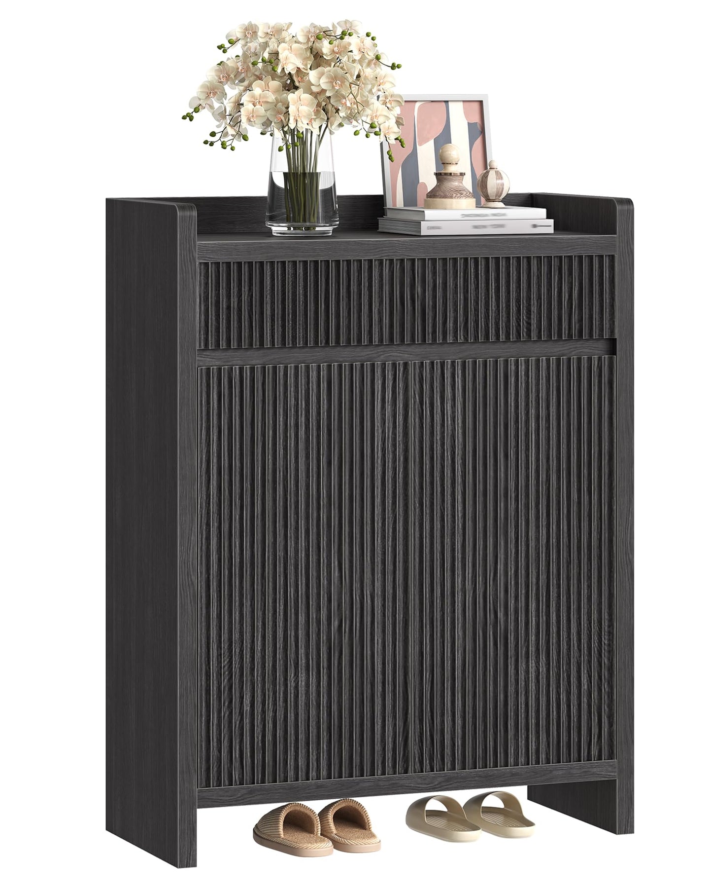 CHOEZON Shoe Storage Cabinet, 44.8" Tall Large Shoe Cabinet, Shoe Storage Organizer for Entryway, Fluted Shoe Cabinet with Drawer & Adjustable Shelves, Mid-Century, for Hallway, Charcoal Gray MSC03TH