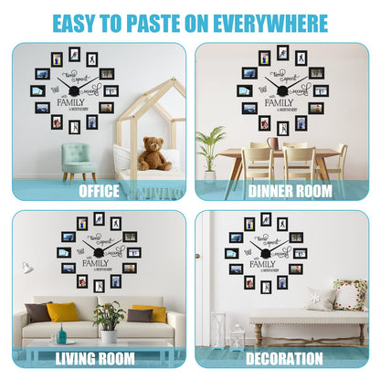 Sratte 3D Large Family Photo Clock Frame Wall Decor, 5 x 3.5 Inch Family Tree Decor, Paper Photo Frame DIY Clock Quote Wall Stickers Kit for Home Office Living Room Bedroom Mother's Day(Black)