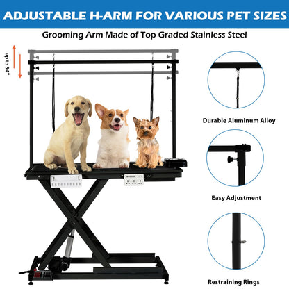GarveeTech 50" Dog Grooming Table, Electric Hydraulic Grooming Table for Large Dogs or Small Dogs, Aluminium Overhead Arm, Anti Slip Tabletop, 6 USB Ports, Home & Salon Use, Max Capacity 330Lb, Black