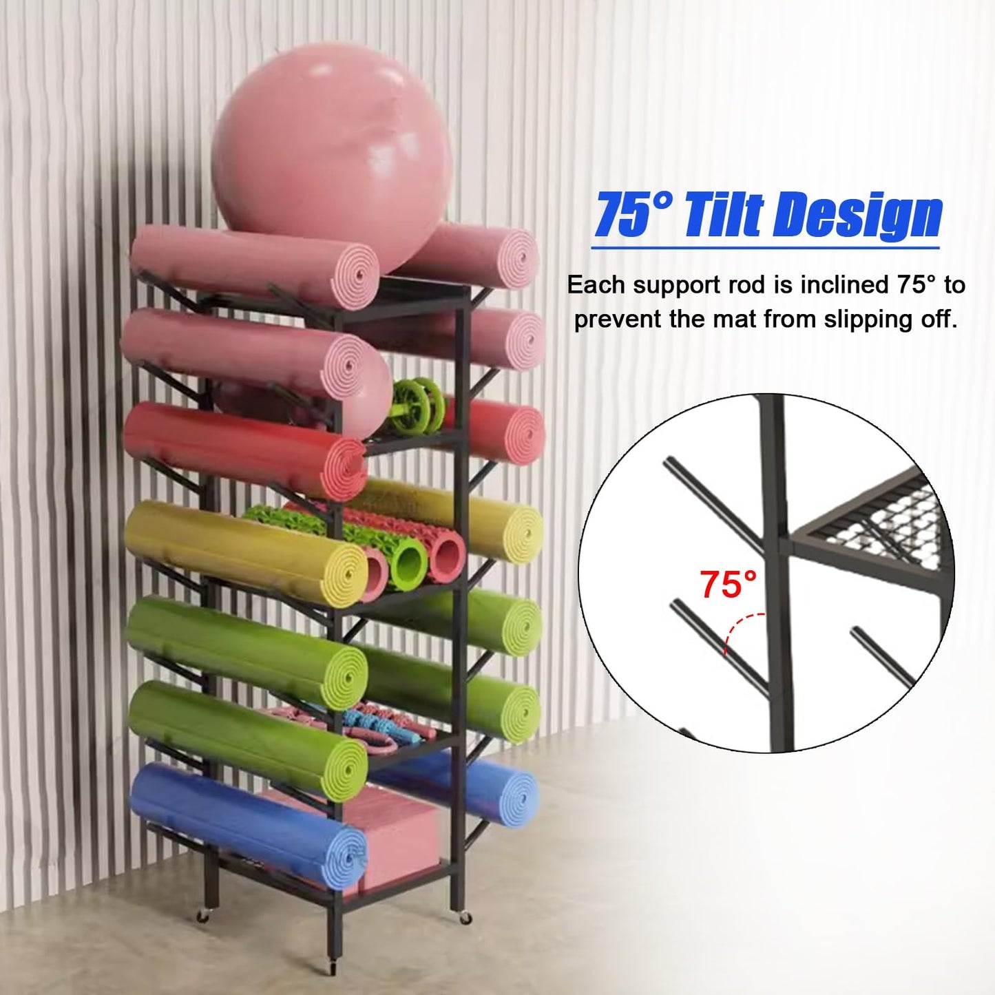 YHdtUO Yoga Mat Storage and Organizer Rack, Free Standing Home Gym Garage Storage Holder for Dumbbells/Foam Roller/Yoga Blocks, Commercial Workout Equipment Storage,White-45x37x150cm/17.7x14.6x59in