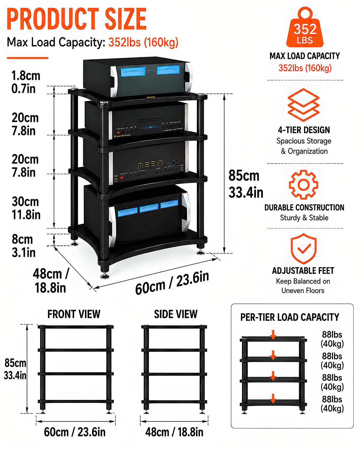 RAJYQODIS Heavy Duty Audio Component Rack, Large Storage Space AV Media Stand with Shock-Absorbing Foot pegs, Audio Rack Tower CD Player Stand for Home/Office/Audio Video/Theate (Black, 4th)