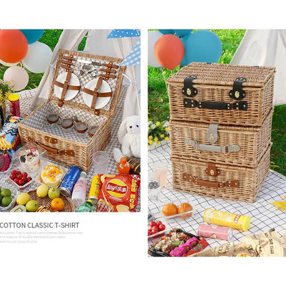 Storage Basket,4 Person Picnic Baskets - Luxury Wicker Hamper Sets -Premium Set with Flatware,Plates,Wine Glasses and Bottle Opener,for Camping Outdoor Party