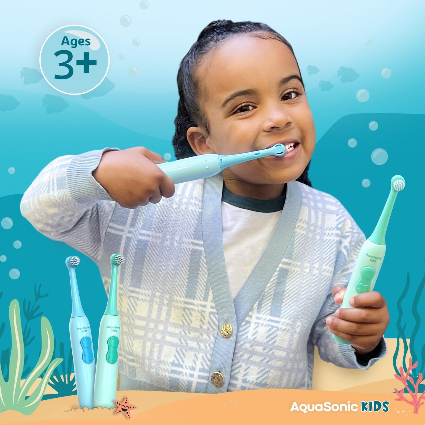 Aquasonic Kids Electric Toothbrush Set for Ages 3+ | Soft Bristles, Oscillating Brush Head, Built-in Battery | Aquarium Adventures