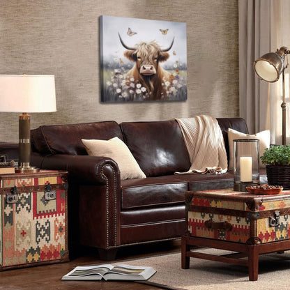 Enartly 14"x14" Highland Cow Bathroom Wall Art, Rustic Farmhouse Animal Canvas Print, Nature Flower Landscape Decor