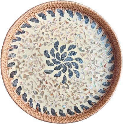 14" Terrekraft Large Rattan Serving Tray with Mother of Pearl, Round Coffee Table Tray Decor, Boho Decorative