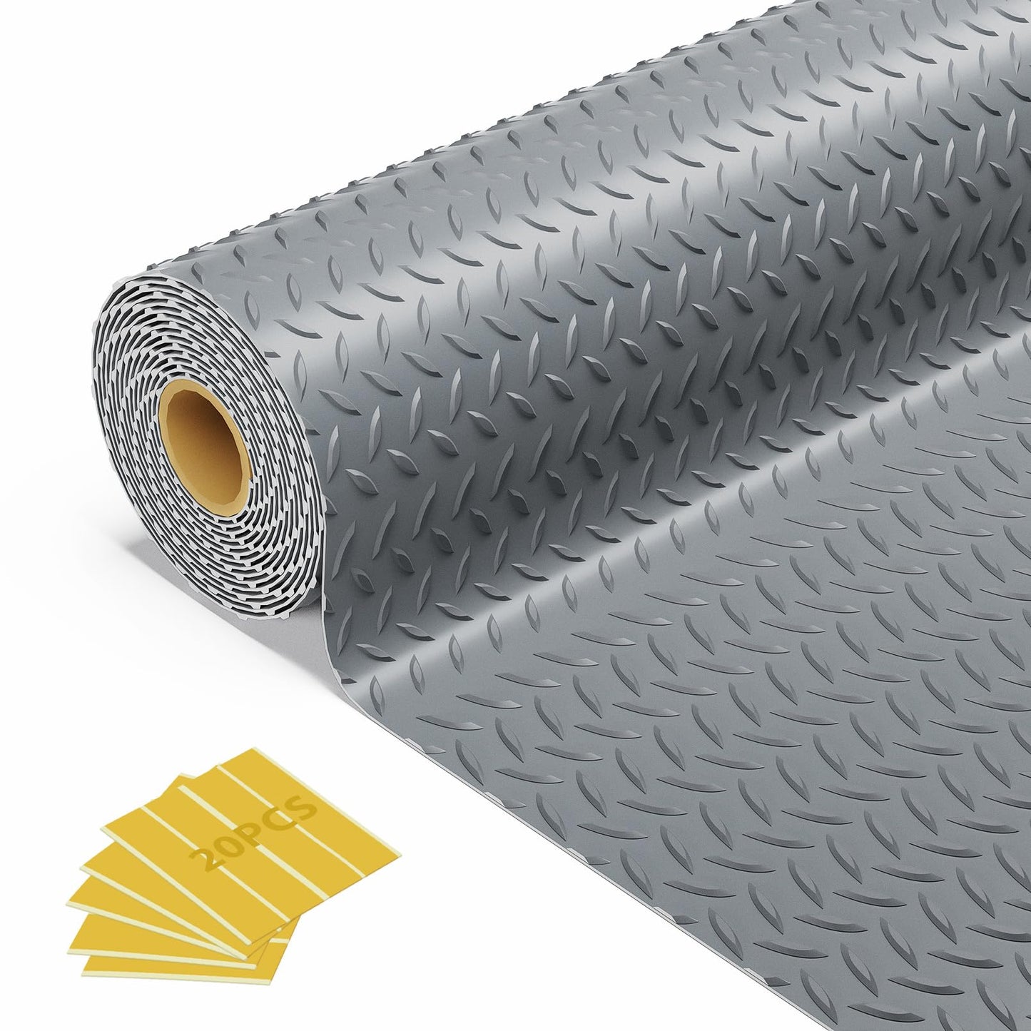 FomanXtre 10x20 FT Gray Garage Floor Mat, 2.8mm Thickened Flooring Roll for Under Car Diamond Plate PVC Rubber Mat with 20 Pcs Tapes, Non-Slip Floor Mat for Garage, Warehouse, Gyms, Trailer