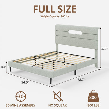 Sismplly Full Bed Frame with Linen Headboard, Platform Bed Frame with Upholstered Headboard, Mattress Foundation, No Box Spring Required, Easy Assembly, Light Green