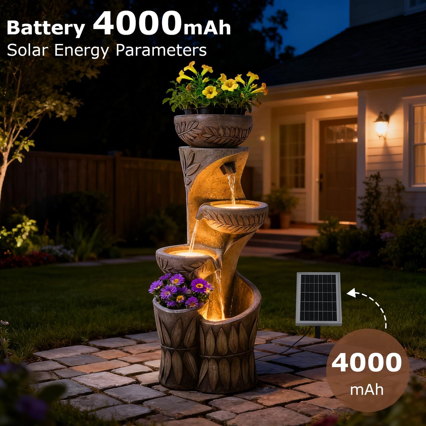 4 Tiered Solar Water Fountain Outdoor Garden, 35.6" Tall Cascading Bowl Leaf Carved Outdoor Waterfall Fountains Modern Water Feature with Dual Planters for Garden, Patio, Deck, Yard, Indoor Decor