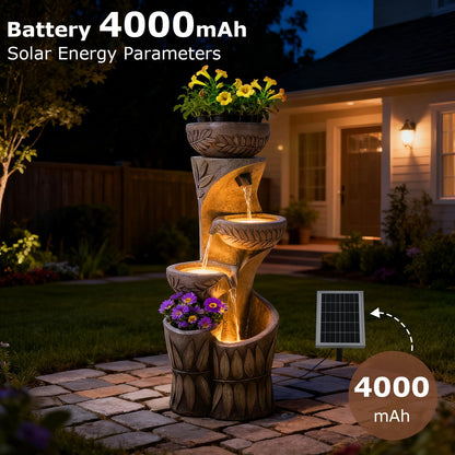 4 Tiered Solar Water Fountain Outdoor Garden, 35.6" Tall Cascading Bowl Leaf Carved Outdoor Waterfall Fountains Modern Water Feature with Dual Planters for Garden, Patio, Deck, Yard, Indoor Decor