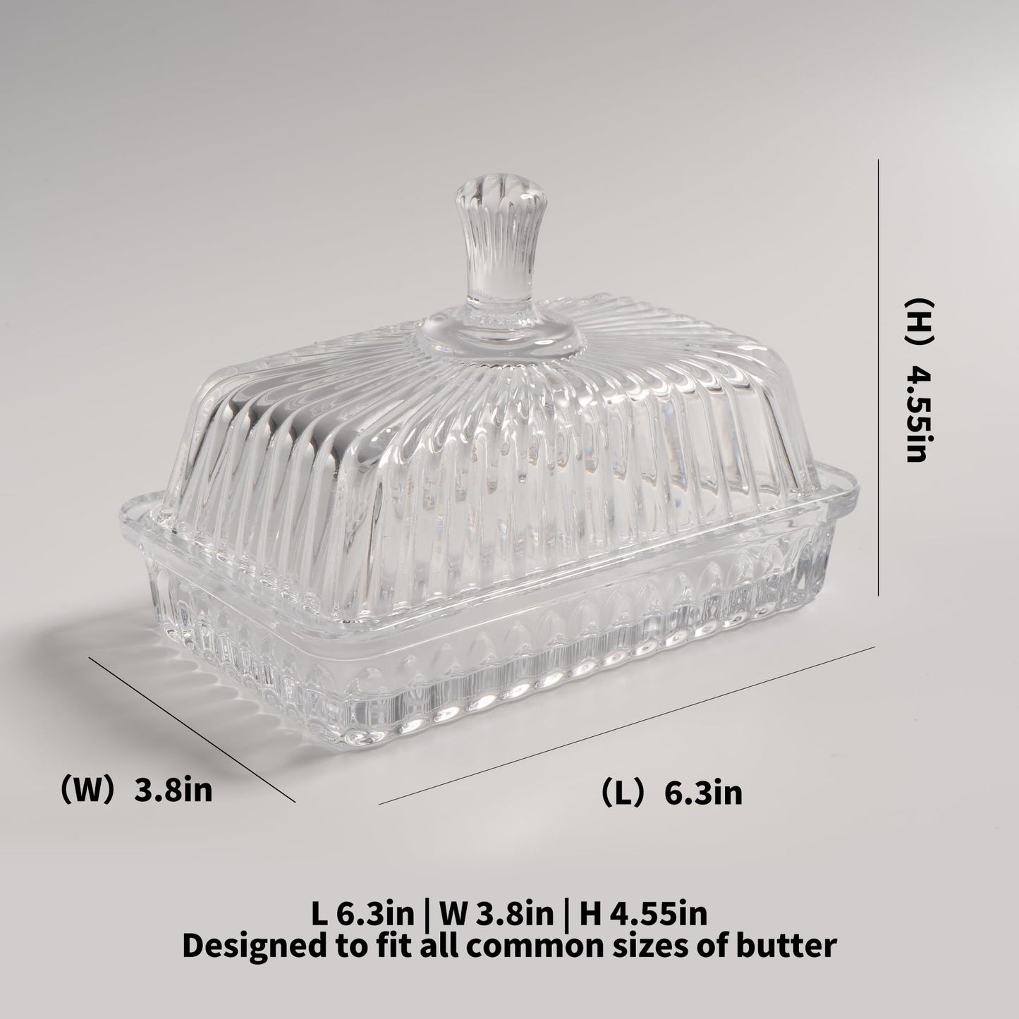 Clear Glass Butter Dish with Lid, Covered Crystal Butter Stick Holder Tray, Glass Butter Storage Container for Fridge Countertop