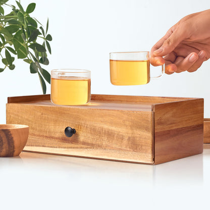 Acacia Wood Tea Bag Organizer with Tea Bag Squeezer, Tea Box Organizer Storage Box, Tea Bag Holder with Drawer, Tea Caddy for Tea Bags, Tea Bag Storage Station, Tea Bar Accessories for Countertop