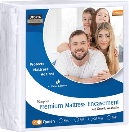 Utopia Bedding Waterproof Mattress Protector - Queen Size Bed Bug & Dust Mite Proof Encasement - 12 Inches Deep