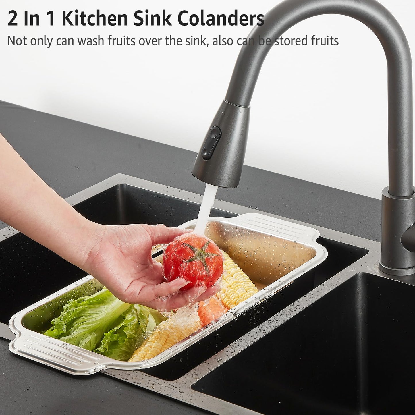 pollock 4 In 1 Collapsible Sink Colander for Kitchen Food Grade 304 Stainless Steel Over the Strainer Extend Drain Basket Washing Vegetable Fruits,Dishes
